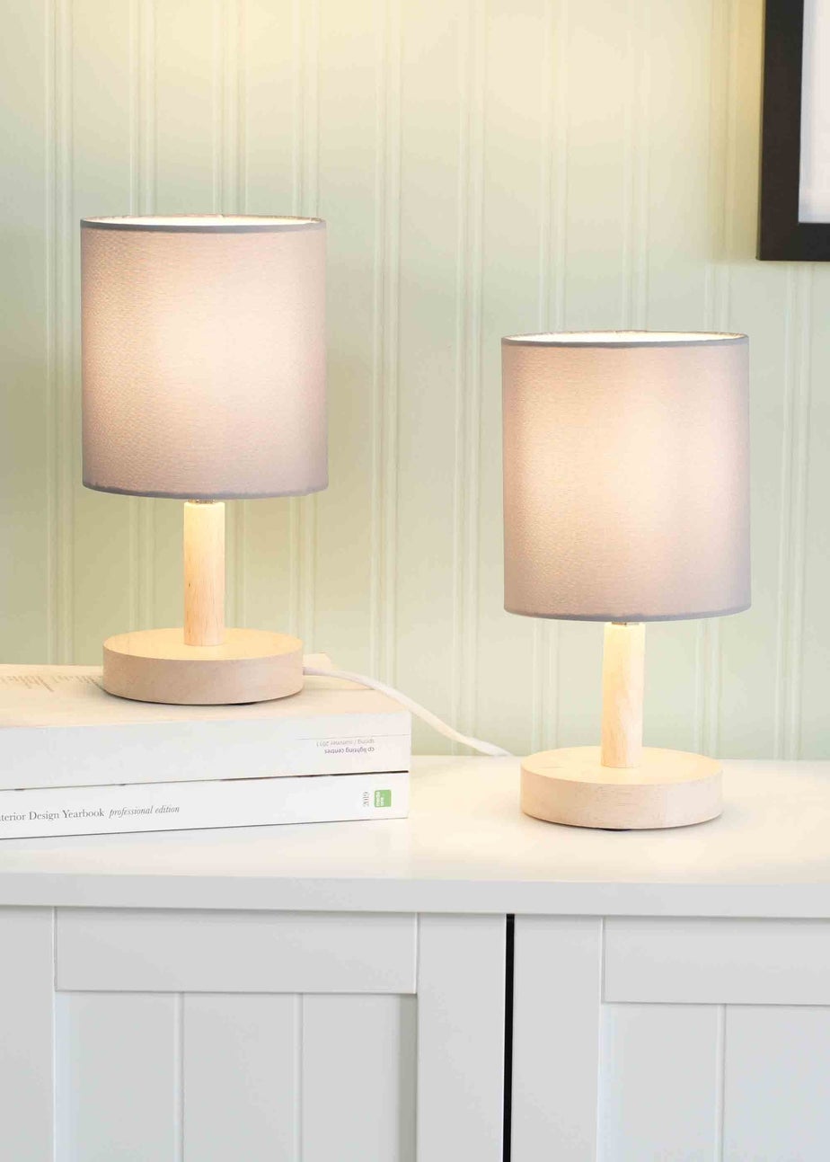 ValueLights Pair of Oak Natural Table Lamp with Grey Drum Shade