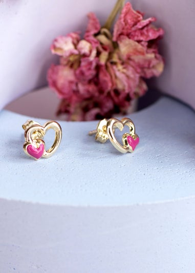 Golden Moments 9ct Yellow Gold Pink Enamel Double-Heart Stud Earrings