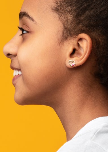 Golden Moments 9ct Yellow Gold Pink Enamel Double-Heart Stud Earrings