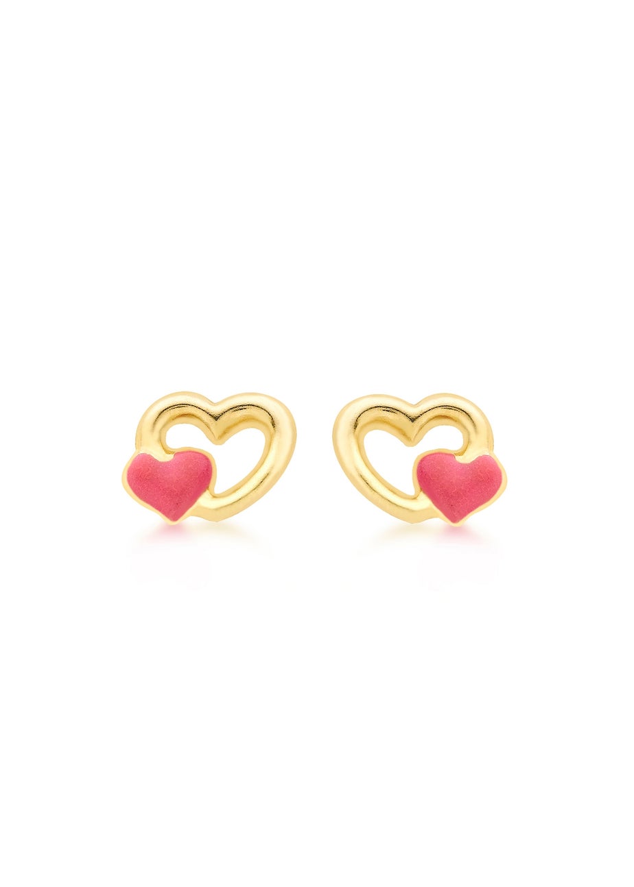 Golden Moments 9ct Yellow Gold Pink Enamel Double-Heart Stud Earrings