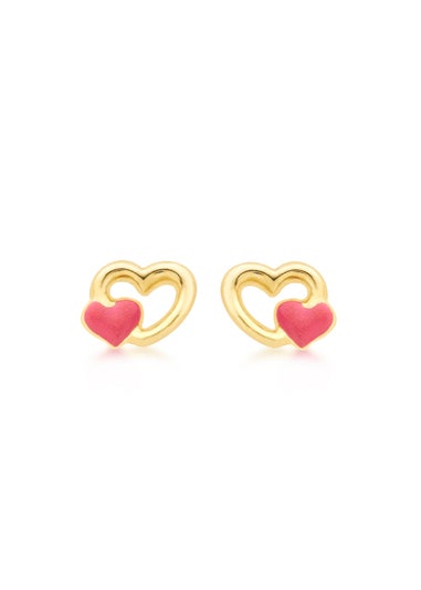 Golden Moments 9ct Yellow Gold Pink Enamel Double-Heart Stud Earrings