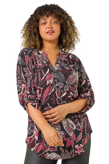 Roman Red Curve Floral Print V-Neck Stretch Shirt