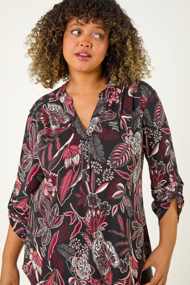 Roman Red Curve Floral Print V-Neck Stretch Shirt