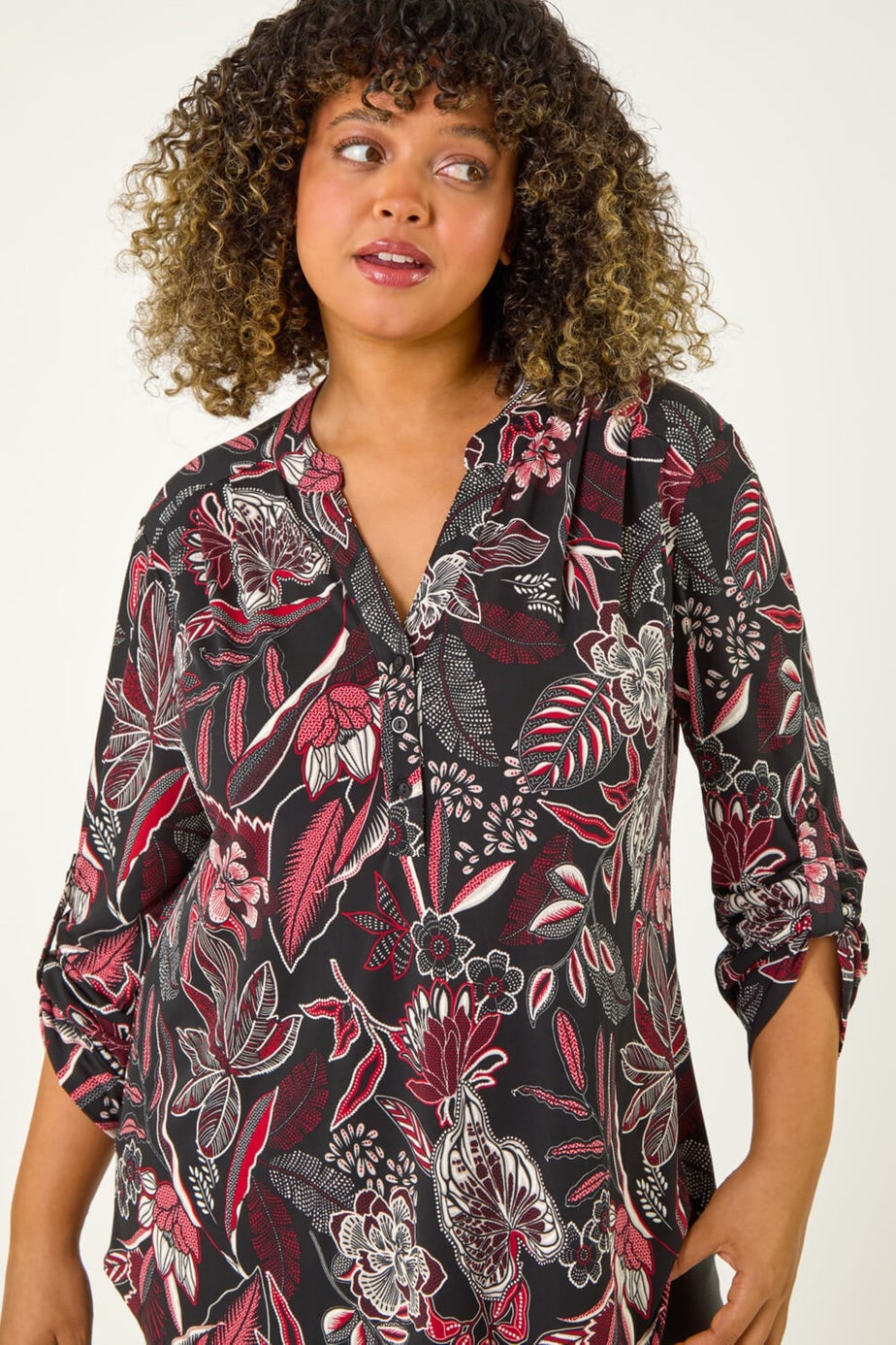Roman Red Curve Floral Print V-Neck Stretch Shirt