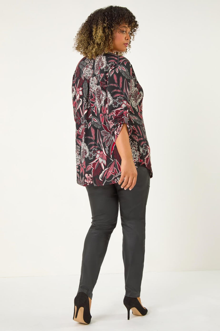 Roman Red Curve Floral Print V-Neck Stretch Shirt