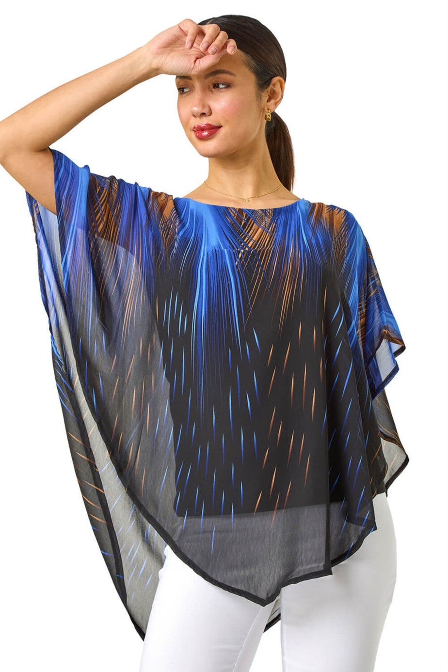 Roman Blue Abstract Stretch Chiffon Overlay Top