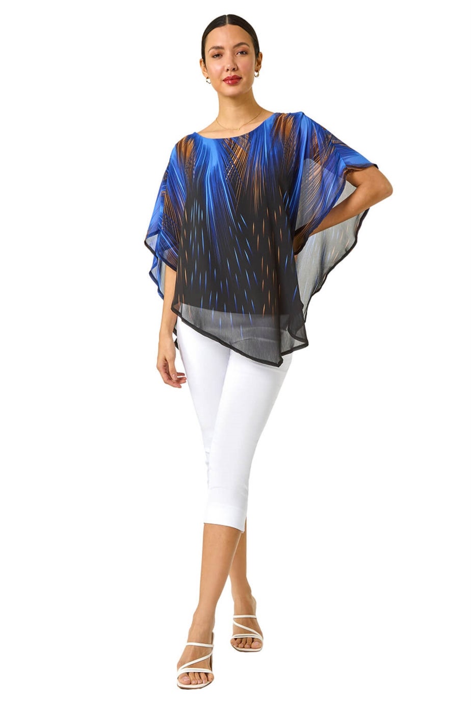 Roman Blue Abstract Stretch Chiffon Overlay Top
