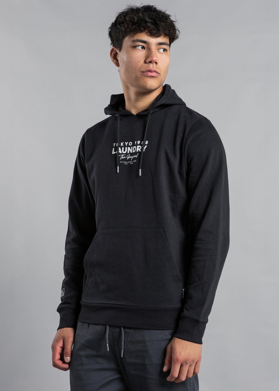 Tokyo Laundry Black Raised Rubber Print Hoody with Drawcord