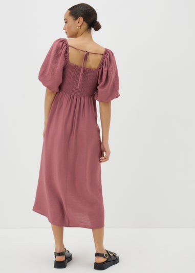Pink Shirred Puff Sleeve Midi Dress