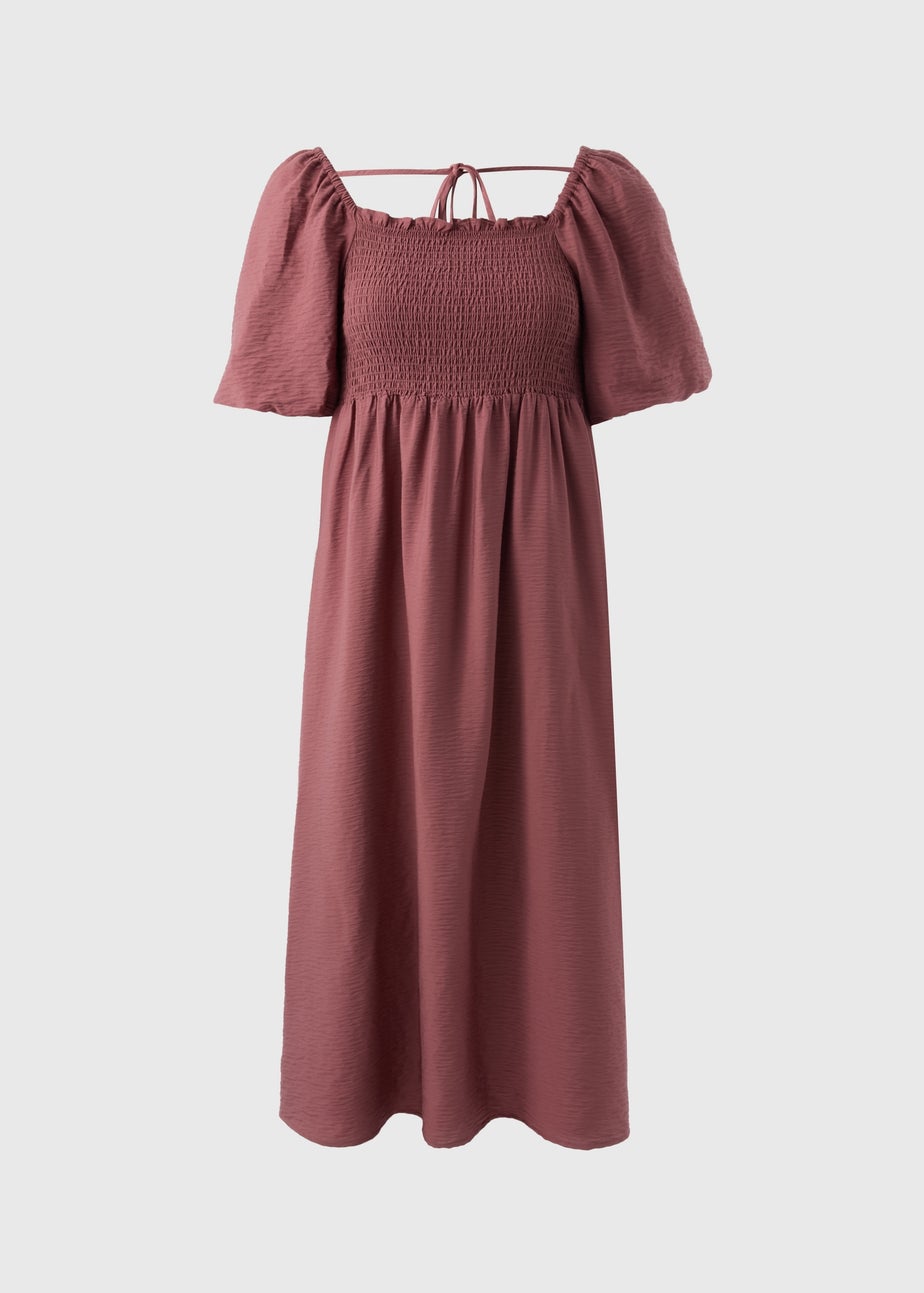 Pink Shirred Puff Sleeve Midi Dress