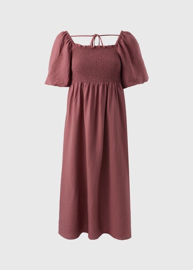 Pink Shirred Puff Sleeve Midi Dress