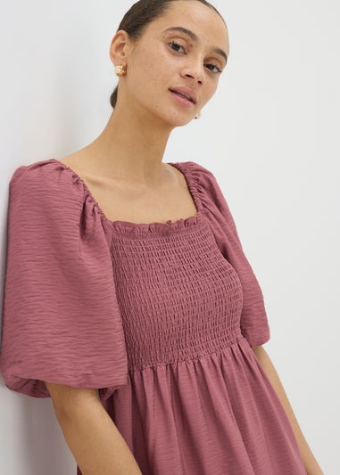 Pink Shirred Puff Sleeve Midi Dress