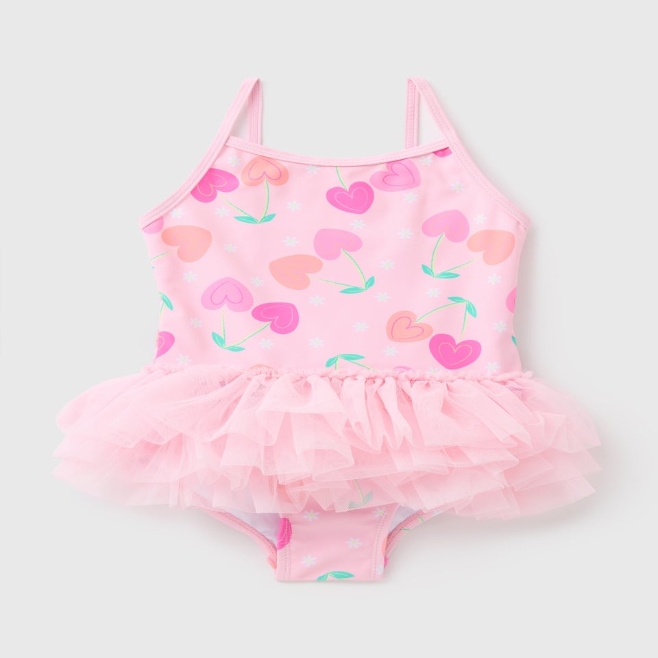 Girls Pink Cherry Tutu Swimsuit (1-7yrs)