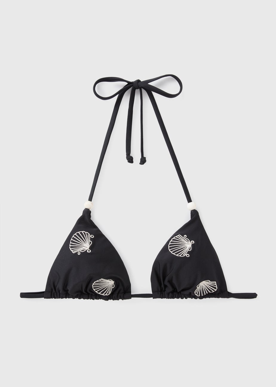 Black Shell Embroidered Triangle Bikini Top