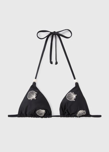 Black Shell Embroidered Triangle Bikini Top