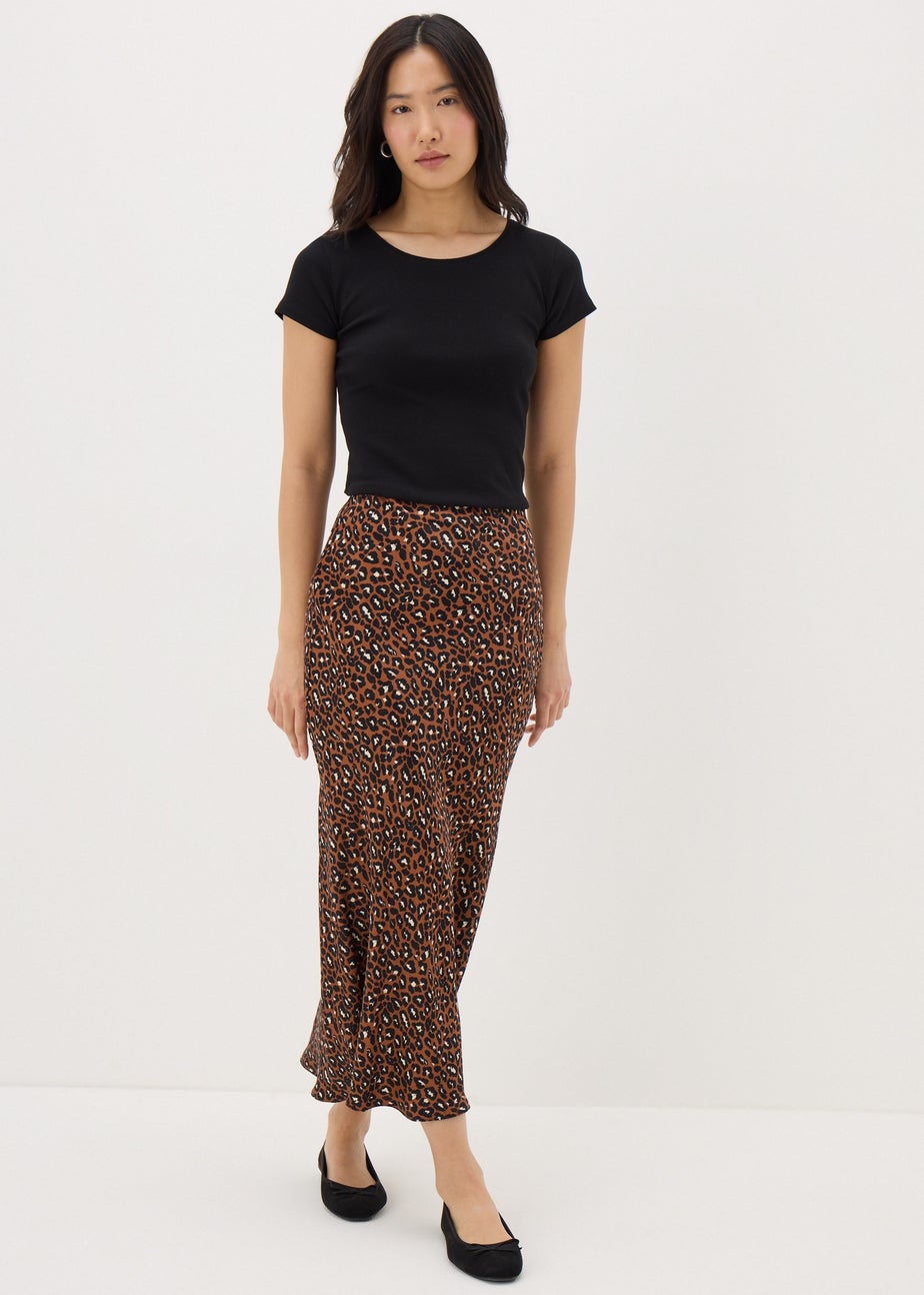 Brown Animal Print Satin Midaxi Slip Skirt