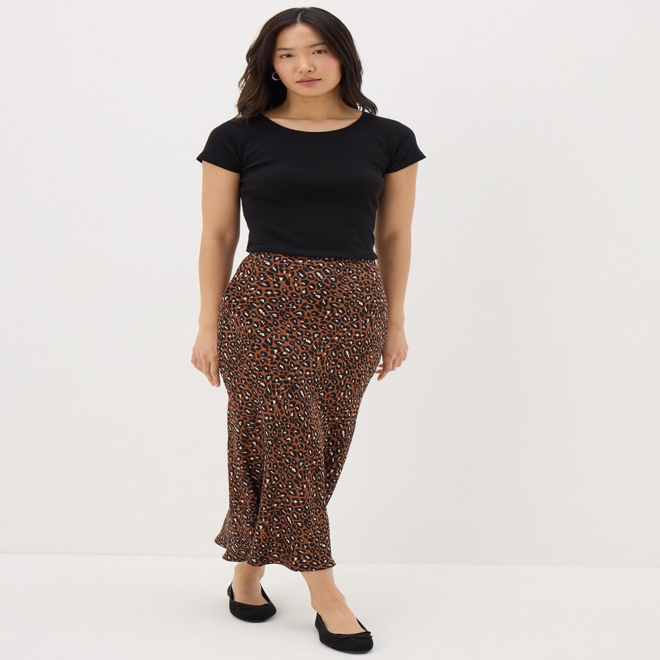 Brown Animal Print Satin Midaxi Slip Skirt