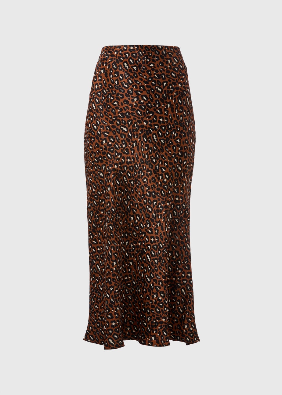 Brown Animal Print Satin Midaxi Slip Skirt