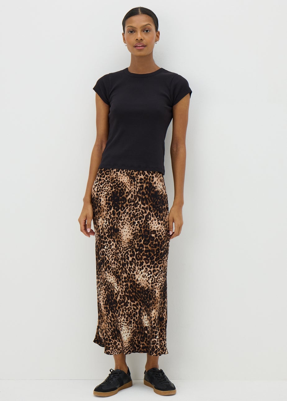 Brown Leopard Print Satin Midaxi Slip Skirt