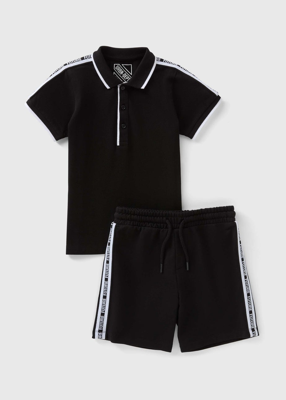 Boys Black Taped Polo & Shorts Set (7-15yrs)