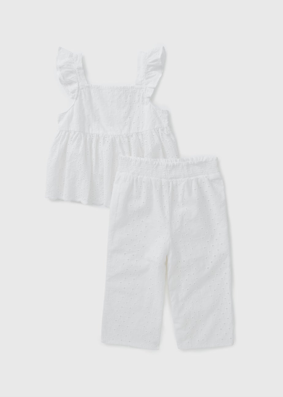 Girls White Broderie Top & Trousers Set (1-7yrs)