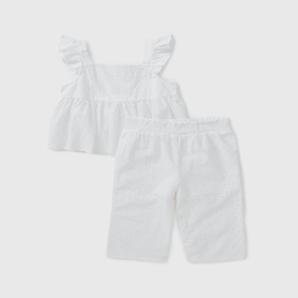Girls White Broderie Top & Trousers Set (1-7yrs)