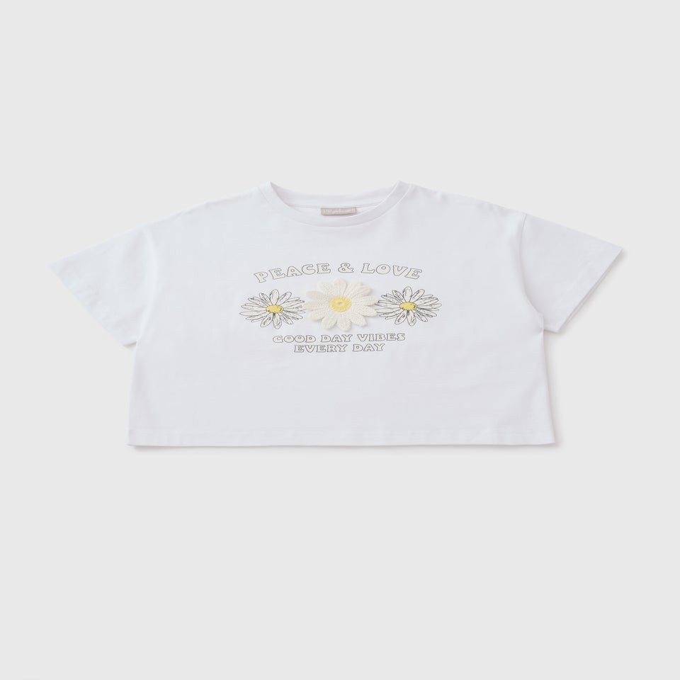 Girls White Floral Crochet T-Shirt (7-15yrs)