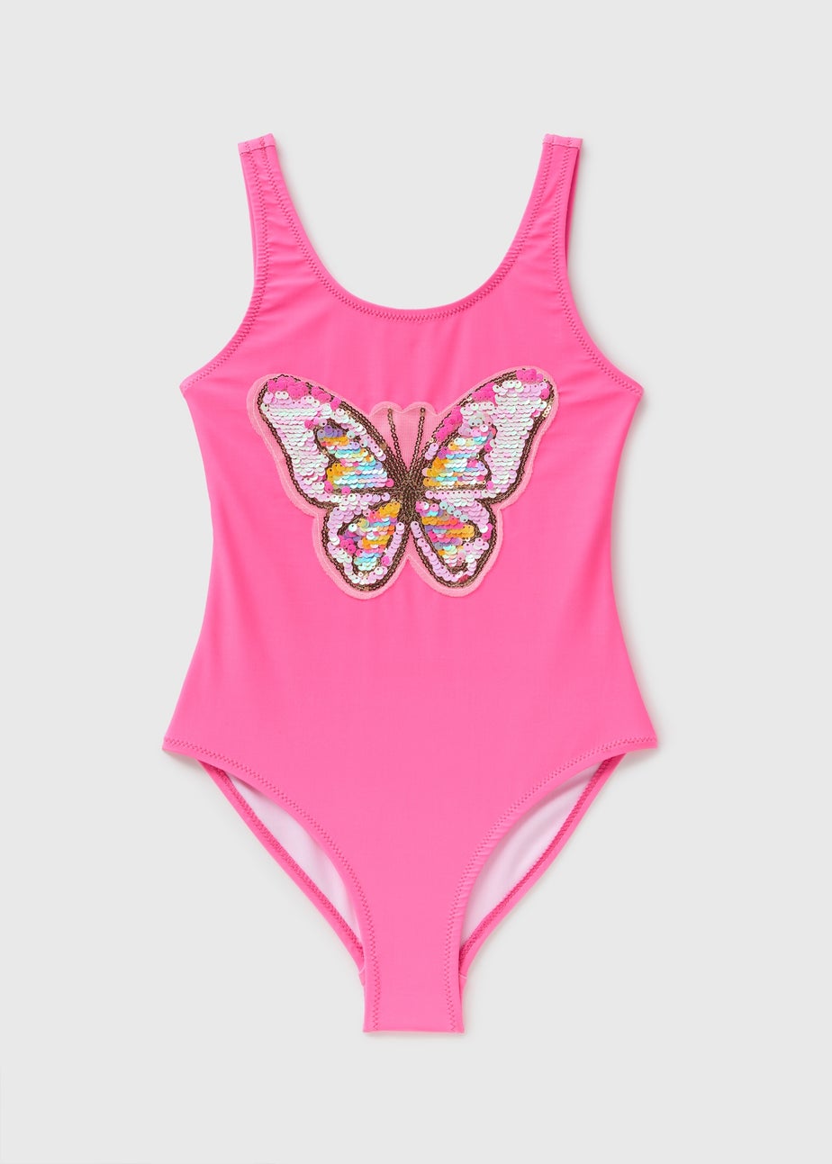 Girls Pink Sequin Butterfly Swimsuit (6-13yrs)