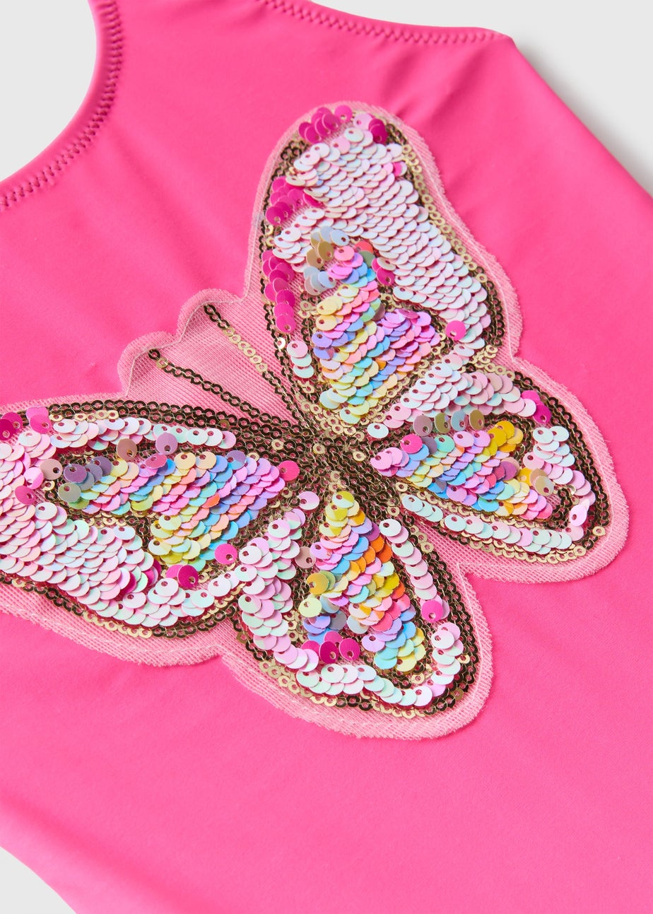 Girls Pink Sequin Butterfly Swimsuit (6-13yrs)