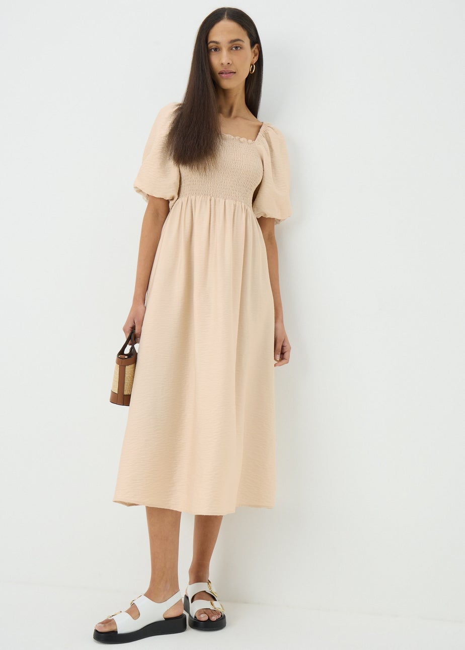 Stone Shirred Puff Sleeve Midi Dress