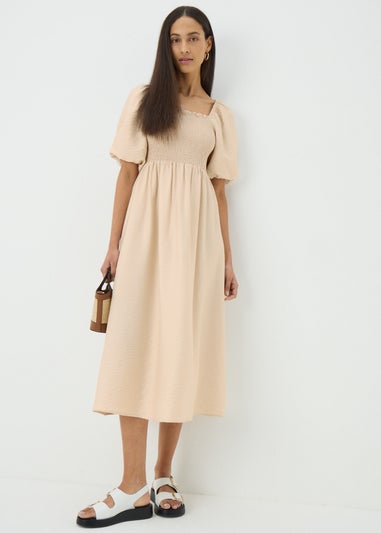 Stone Shirred Puff Sleeve Midi Dress