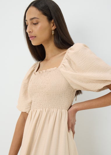 Stone Shirred Puff Sleeve Midi Dress
