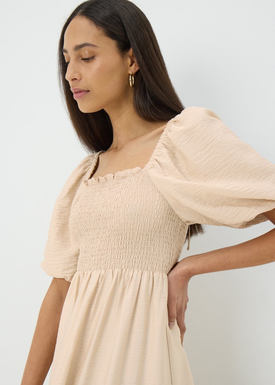 Stone Shirred Puff Sleeve Midi Dress