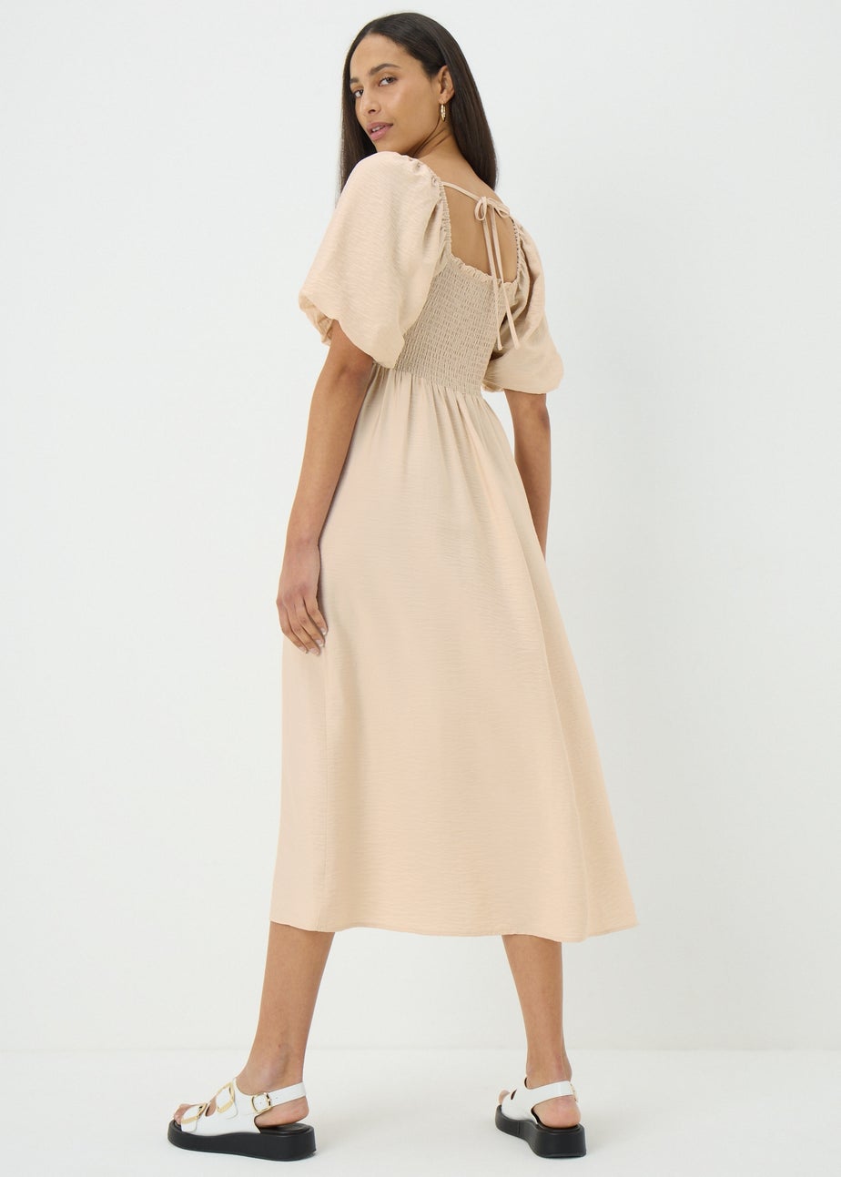 Stone Shirred Puff Sleeve Midi Dress