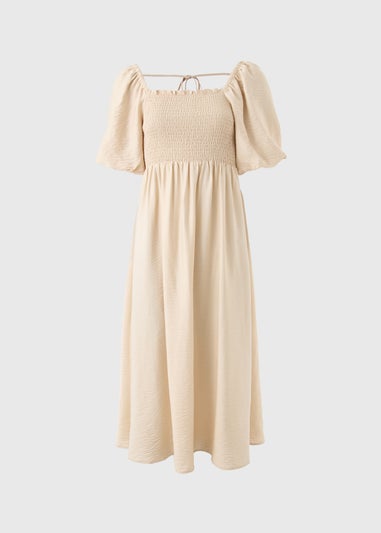 Stone Shirred Puff Sleeve Midi Dress