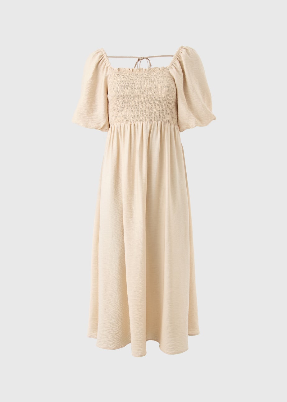 Stone Shirred Puff Sleeve Midi Dress