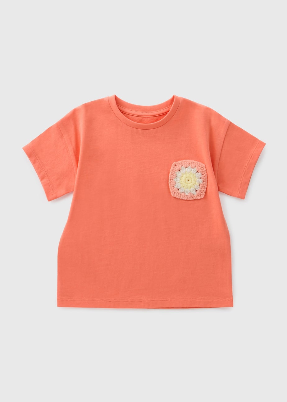 Girls Peach Crochet Pocket T-Shirt (1-7yrs)