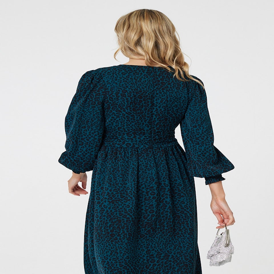 Izabel London Green Animal Print Long Puff Sleeve Midi Dress