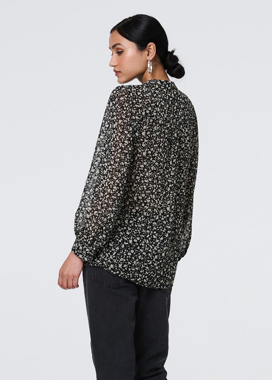 Izabel London Black Ditsy Floral Semi Sheer Long Sleeve Blouse