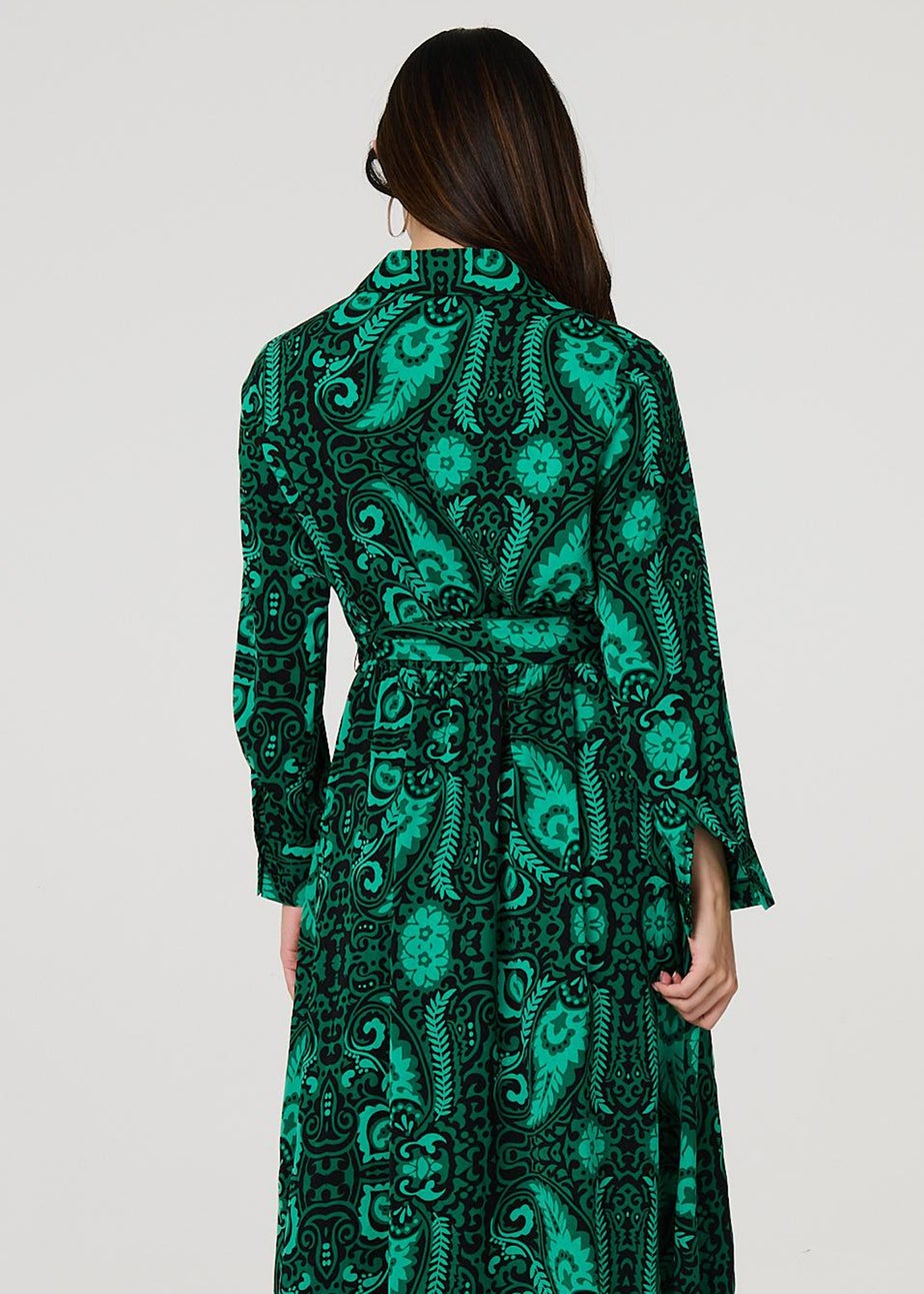 Izabel London Green Paisley Long Sleeve Midi Shirt Dress