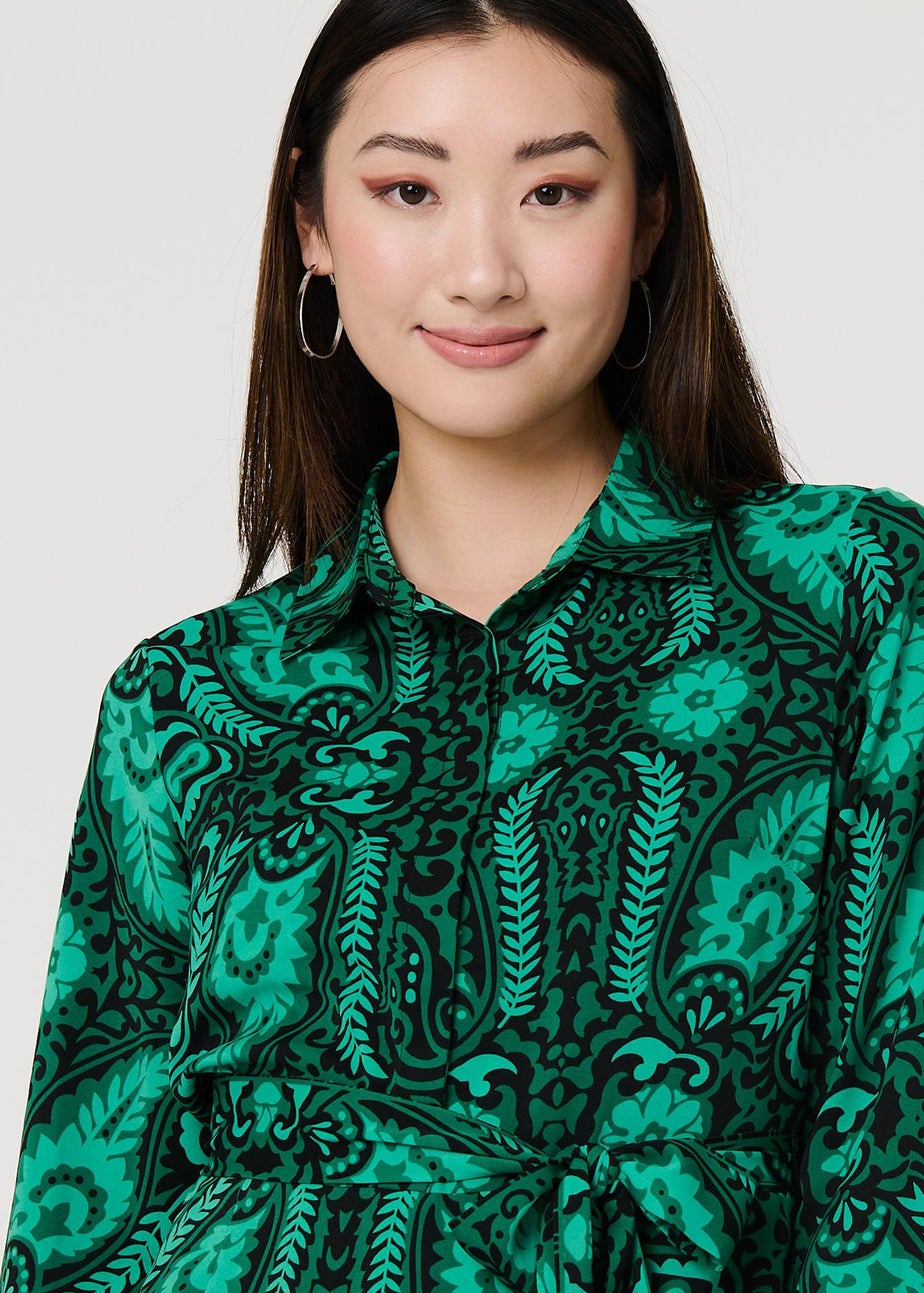 Izabel London Green Paisley Long Sleeve Midi Shirt Dress