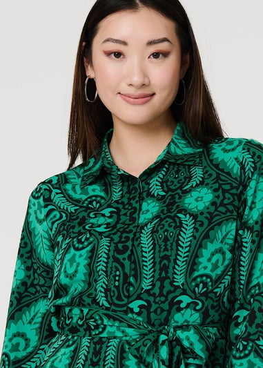 Izabel London Green Paisley Long Sleeve Midi Shirt Dress