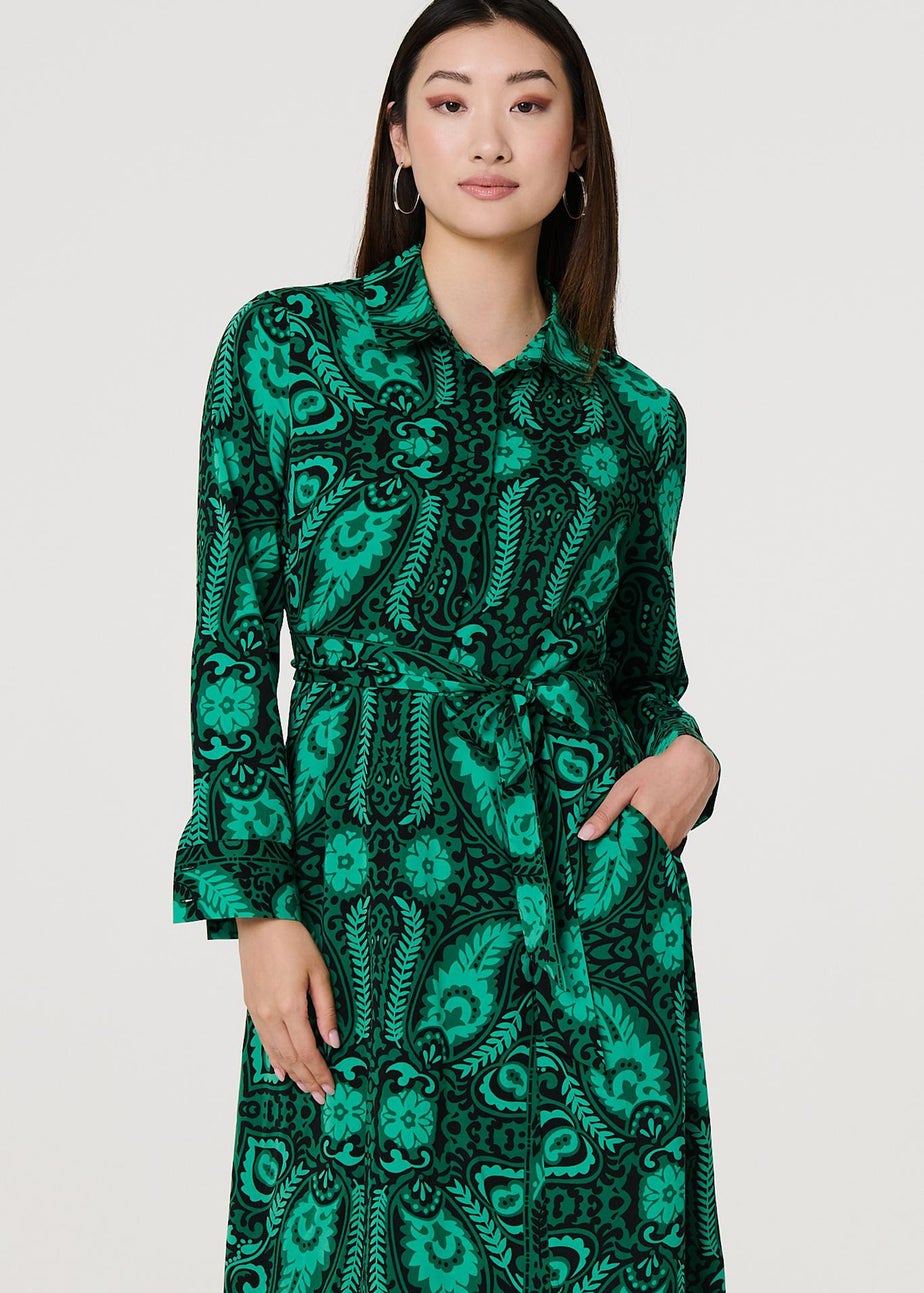 Izabel London Green Paisley Long Sleeve Midi Shirt Dress