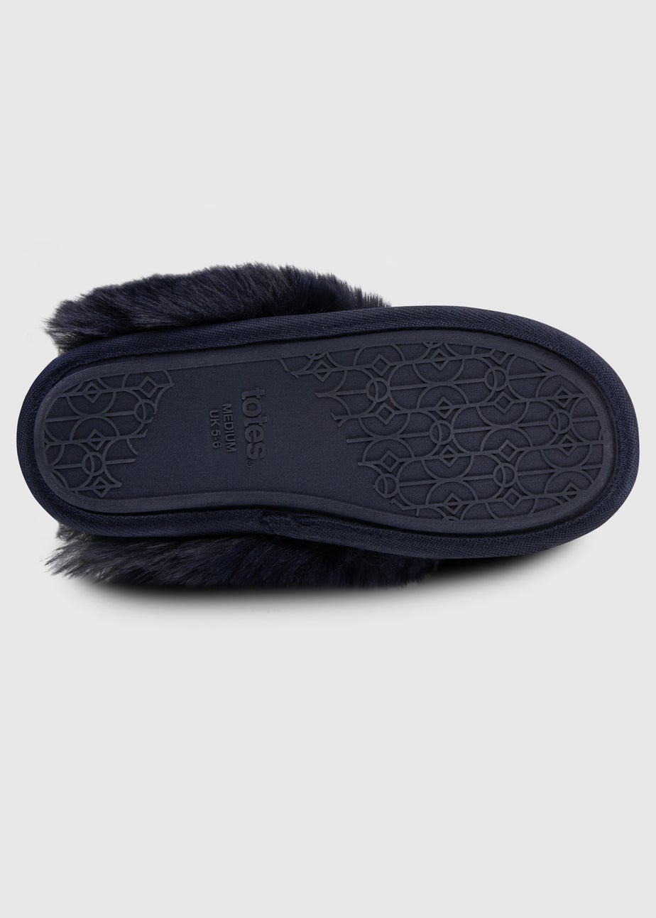 Totes Toasties Navy Ladies Textured Sparkle Faux Fur Mule Slippers