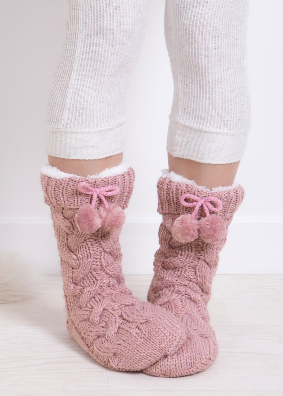 Totes Toasties Pink Ladies Luxury Chunky Knit Slipper-Sox With Pom