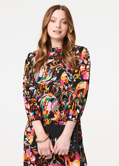 Izabel London Black Printed High Neck Long Sleeve Midi Dress