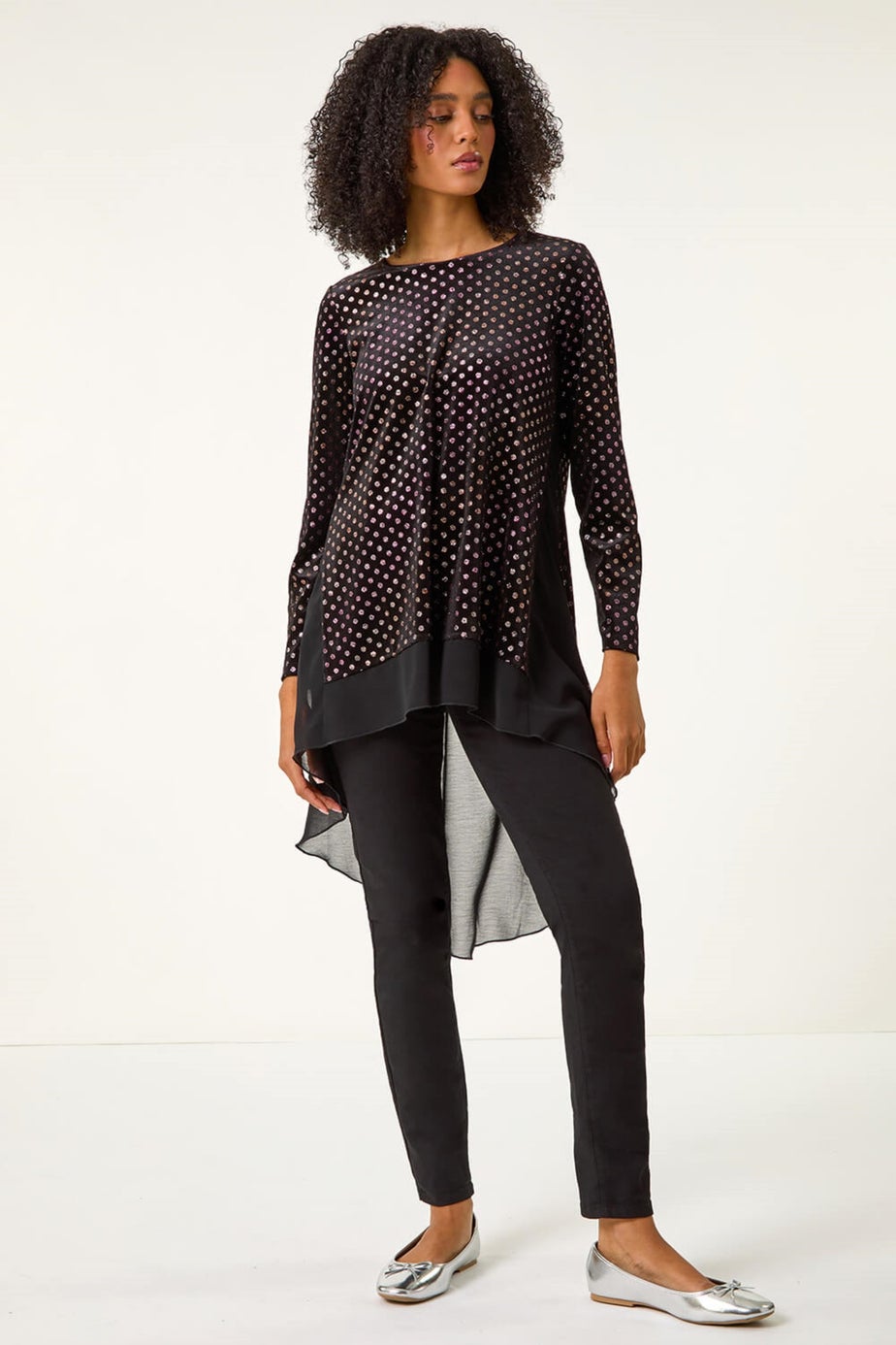 Roman Rose Glitter Spot Print Chiffon Hem Tunic Top