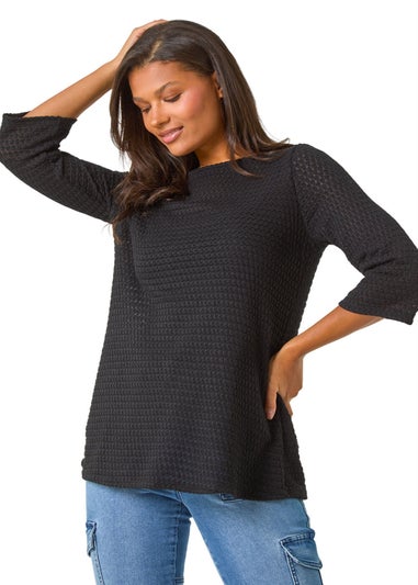 Roman Black Crochet Knit Tunic Stretch Top