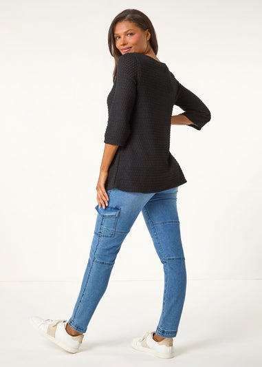 Roman Black Crochet Knit Tunic Stretch Top