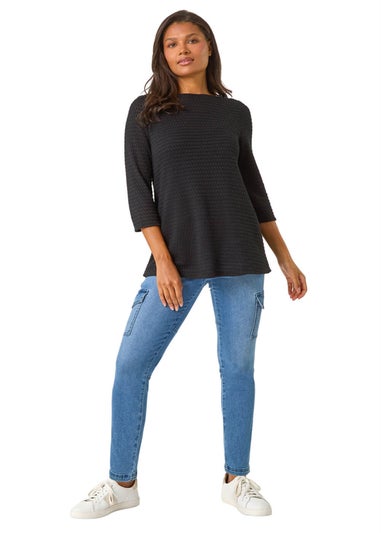 Roman Black Crochet Knit Tunic Stretch Top